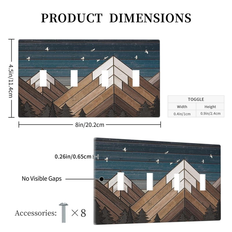 Rustic Geometric Mountain Wilderness Wood 4 Gang Wall Plate Quad