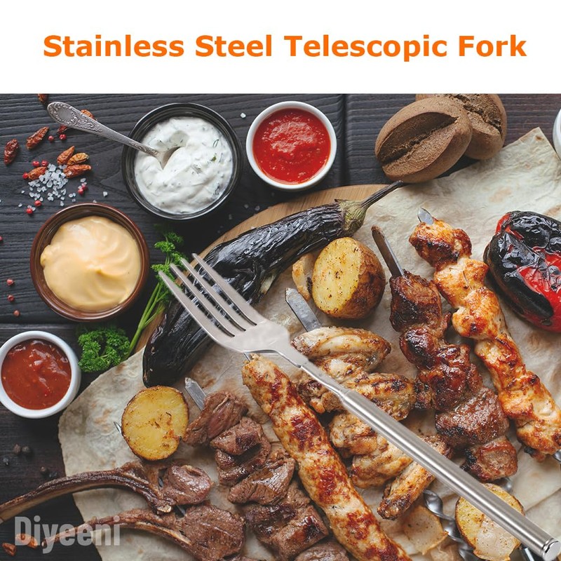 Stainless Steel Dinner Fork,BBQ Telescopic Extendable Dinner Fruit Dessert Long