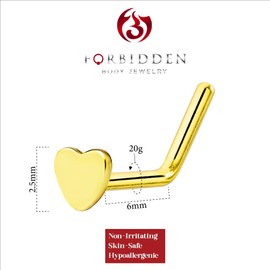 Forbidden Body Jewelry 20g Yellow Gold Plated Surgical Steel L-Shape Heart Nose Jewelry