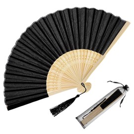Black Folding Hand Fan, Chinese Handheld Fan with Tassel Wooden Charming, DIY Blank Paper Fan Elegant Vintage Retro Style for Decorations Festival Wedding Dancing Party Women Dance Party Home Summer