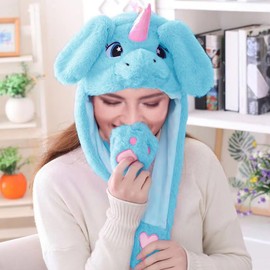 Ear Moving Jumping Warm Plush Animal Hats Movable Dancing Ear Flap Hat Earflaps Movable Fluffy Cap(Blue Unicorn)