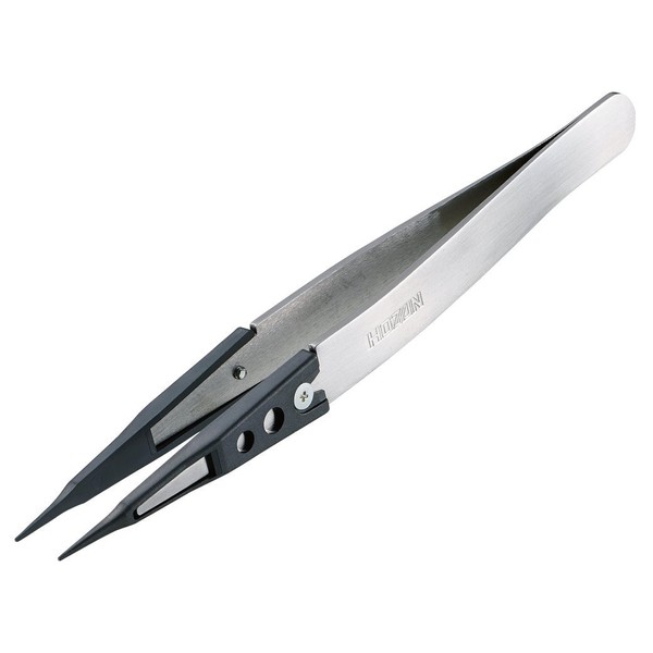 Hozan P-644-S ESD Chip Tweezers, Anti-Static Tip Width: 0.02 inches (0.6 mm), Total Length: 4.9 inches (125 mm), Body Material: Stainless Steel, Chip: PEEK
