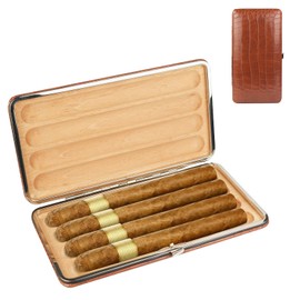 Cigar Travel Case Leather Cigar Humidor Cedar Wood Lining, 4- Finger Humidor Cigars Box for Men Brown