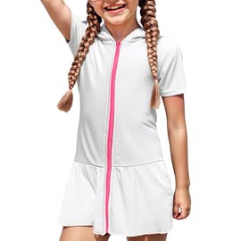 Girls Sun Protective Swim Cover Up Hooded with Full-Length Zipper Short Sleeve UPF 50+ Beach Dress Coverup