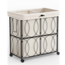 VIPLEO Laundry Hamper with 2 Section, Large 105L Rolling Laundry Basket with Wheels, Metal Heavy Duty Laundry Hamper with Detachable Bags, Dirty Clothes Hamper Organizer for Bedroom, Bathroom(Beige)