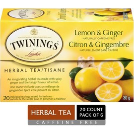 Twinings Herbal Lemon and Ginger Individually Wrapped Tea Bags | Naturally Caffeine Free | 20 Count (Pack of 6)