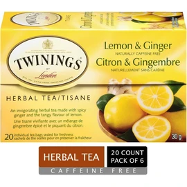 Twinings Herbal Lemon and Ginger Individually Wrapped Tea Bags | Naturally Caffeine Free | 20 Count (Pack of 6)