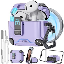 for AirPods 4 Case, 【Built-in Invisible Bracket】 Secure Lock Case [Compatible with MagSafe] for AirPods 4th Generation 2024 wiht Cleaning Kit, Auto-Open, Military Grade Protective (Purple)