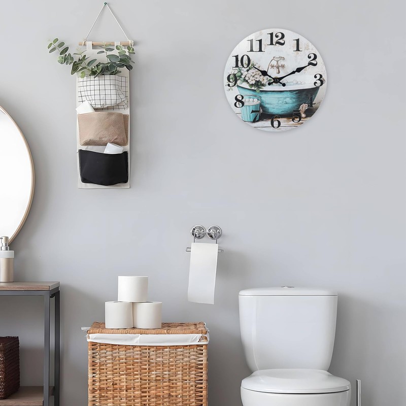 Horizent Silent Wall Clocks for Bathroom,Rustic Style Waterproof Glass Wall