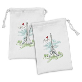 Lunarable Paris Fabric Pouch Set of 2, Touristic Colorful Sketch of Eiffel Tower in Paris French Style Travel Illustration, Small Drawstring Bag for Toiletries Masks and Favors, 9" x 6", Multicolor
