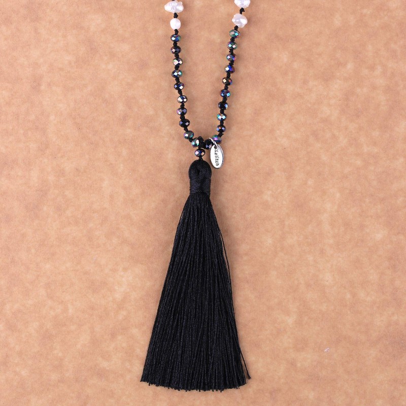 Kelitch Bohemian Natural Fresh Water Pearl Crystal Bead Tassel Necklace