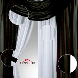 Sapphire Home Sheer Curtains - Two Tone 4 Panels Set w/Valance & Tiebacks, 55"x63", Lightweight Light-Filtering Window Curtain for Living Room, Bedroom, Kitchen, Dining Room - Black/White