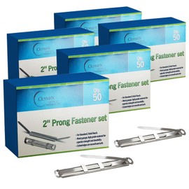 OLYMPX 250 Pcs of 2? Capacity Premium Metal Prong Paper Fastener Complete Set, 2.75 Inch Base with Standard 2-Hole Punch Compressor for Paper File Folder, Pack of 5 Boxes, 50 per Box
