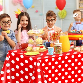 Pack of 4 Disposable Wave Dot Tablecloth, White Dots on Red Background, Rectangular Tablecloth, Waterproof Party Wave Point Tablecloth for Children, Picnic, Girls, Birthday Decorations, 130 x 220 cm