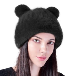 Womens Plush Bear Ear Bucket Hat Faux Mink Fur Panda Animal Ear Hat Wide Brim Winter Warm Outdoor Bucket Hat Fisherman Cap Black