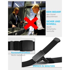 Bon4Extrao Work Belt Men's Fabric Adjustable Nylon Outdoor Belt without Metal 38 mm for Work and Travel Quick Pass Through Airport Security, black