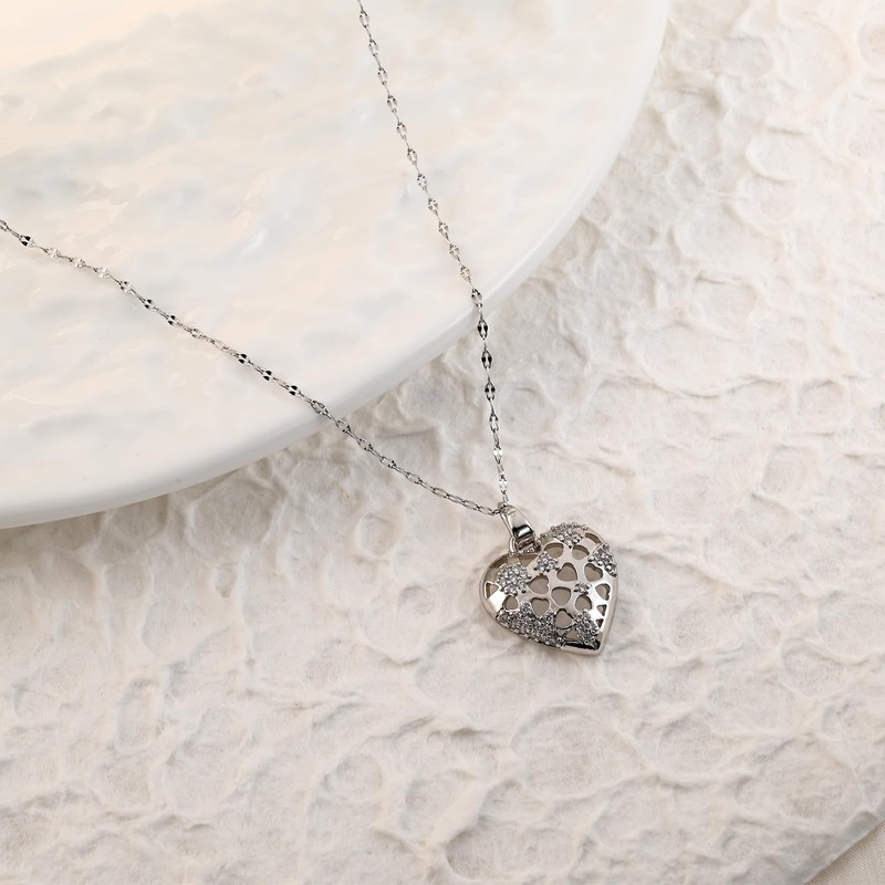 Filigree Heart Necklace for Women, Silver Plated Cubic Zirconia Pendant