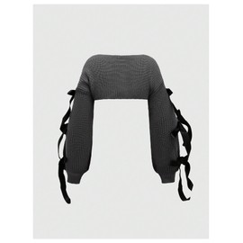 Verdusa Women's Bow Tie Bolero Shrug Knit Cropped Crochet Ballet Shoulder Shrug Long Sleeve Sweater Dark Grey Large