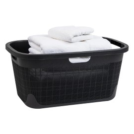 Mind Reader 40L Laundry Basket, Linen Design Clothes Hamper, Plastic Storage Bin with Handles, Black
