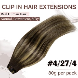 Hetto 22Inch Brown Clip in Hair Extensions Real Human Hair Balayage Clip on Hair Extensions Natural Clip in Human Hair Extensions Balayage Brown to Blonde #4/27/4 80g Straight