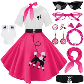 VillbeCoser 10 Pcs Sock Hop Outfits Women, 1950s Poodle Skirts, T-Shirt with 50s Accessories Socks Scarf Headband Belt Earring (Rose-M)