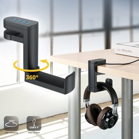 KIWIFOTOS Headphone Stand Holder with 360° Swivel Headset Hanger + Adjustable Springed Clamp, Desktop Gaming Headset Holder Hook Mount - with USB 3.0 x1 + USB 2.0 x3