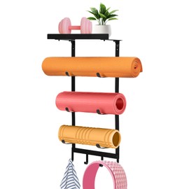 NANXITU Yoga Mat Holder Wall Mount,Workout Storage Organizer for Home Gym Exercise,Yoga Mat Rack with Metal Floating Shelves and 4 Hooks for Hanging Foam Rollers,Yoga Strap and Resistance Bands