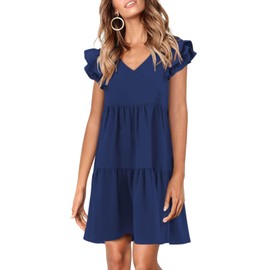 Zwurew Cute Ruffle Summer Dresses for Women 2025 Casual V Neck Cap Sleeve Navy Blue Babydoll Dress Swing Flowy Dress