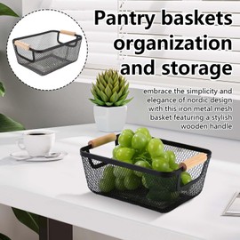 Wire Baskets, 2 Pieces Metal Baskets, Storage Baskets, Kitchen Basket with Wooden Handles, Fruit Basket, Hanging Organiser, Multifunctional Mesh Metal Baskets, Shelf Baskets for Kitchen, Pantry,