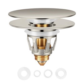 Universal Bathroom Sink Stopper in Brass, 1.04-1.97 Inch Pop Up Basin Sink Drain Stopper, Sink Drain Strainer with Anti Clogging Filter Hair Catcher, Large Lid Brushed Nickel