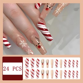 24PCS Christmas Elk Press on Nails Long Coffin Winter Xmas Snowflake Fake Nails with Red And White Glitter Striped Designs False Nails Full Reusable Stick on Nails for Women Nails Decorations