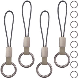 GORGECRAFT 4Pcs Genuine Leather Keyring with Strap Short Lanyard Car Keychain Finger Ring Clips Connectors Adapter Connection Rope Strap for Small Electronic Devices MP3 Player Keys ID Card (Gray)