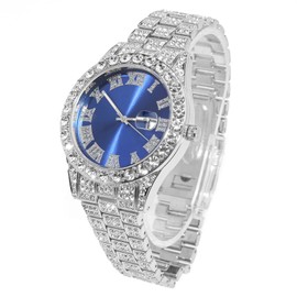 Halukakah Diamond Gold Watch for Men, 18 Carat Real Gold/Platinum White Gold Plated Quartz Bracelet 24 cm Blue Dial, with Diamond Cluster Tennis Chains, Necklace, Bracelet Set Options, with Gift Box,