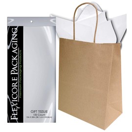 Flexicore Packaging Brown Kraft Paper Gift Bags & White Gift Wrap Tissue Paper Size: 8 Inch X 4.75 Inch X 10.5 Inch | Count: 50 Bags | Color: White