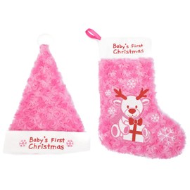 Plushible Babys First Christmas Stocking - Stockings for Baby Boy and Girl - Babies 1st Christmas Stocking & Matching Santa Hat Set - Embroidered Bear with Baby’s First Christmas - Pink