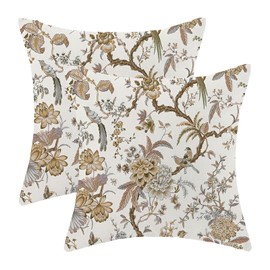 Chinoiserie Spring Pillow Covers 18 x 18 Inch Set of 2 Brown and White Floral Birds Throw Pillows Plant Outdoor Decorative Pillowcase Linen Cushion Cases for Bed Sofa Couch