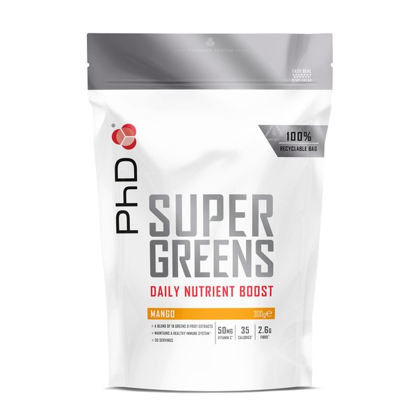 PhD Nutrition Super Greens Powder, Mango Flavour, High Fibre Low Sugar, Blend of 18 Nutrient Rich Fruits and Vegetables, 300 g