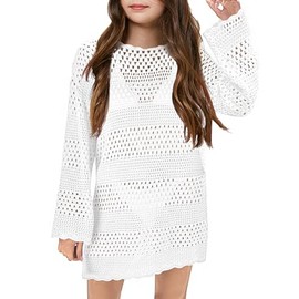 MURMUREY Girls Crochet Swimsuit Cover Up Kids Long Sleeve Hollow Out Swimwear Bikini Beach Dress White