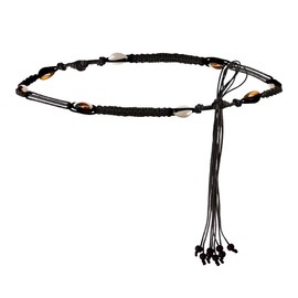 Boho Braided Shell Fringe Belt with Wooden Beads Adjustable Handmade Waistband for Women Dresses Elegant Bohemian Brown Crochet Rope Belt for Summer Festival Beach Wedding