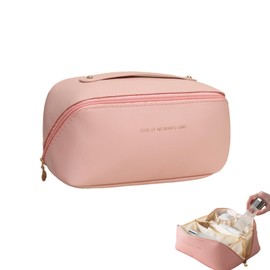 Large Capacity Cosmetic Bag, Portable Travel Makeup Organizer, Waterproof PU Leather Toiletry Bag with Handle and Multi-compartments for Women & Girls (Rose Pink)