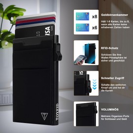 TOYFID Credit Card Holder with Coin Pocket, RFID Protection Pop Up Wallet, Men's Wallet, Mini Wallet, Minimalist and Wallet on the Back of Phone, black, Modern