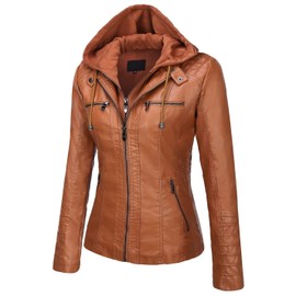 Springrain Women's Faux Leather Jacket Moto Biker Coat with Detachable Hood Motorcycle Jacket (XX-Large, Brown)