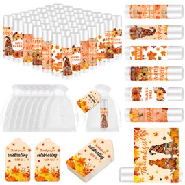 50 Set Fall Gifts Lip Balms Bulk Fall Party Favors 6 Assorted Flavors with 50 Organza Bags and Cards Autumn Pumpkin Maple Leaf Chapstick Thanksgiving Gifts for Women Men Coworkers Guest