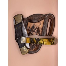 Unbranded For Case Trapper Double Blade Knife Pocket Two Tone Brown Leather Sheath Tooled