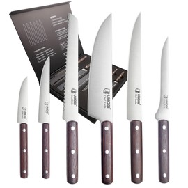UMOGI Kitchen Knife Set 6 Piece with Sheath Covers in Gift Box - Full Tang Wooden Handle German Stainless Steel - professional Cutlery Knives Set with Chef Slicing Bread Boning Utility Paring Knife