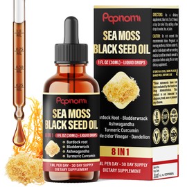 Papnami 8in1 Sea Moss Liquid Drops with Sea Moss, Black Seed Oil, Bladderwrack, Burdock Root, Ashwagandha, Turmeric, Apple Cider Vinegar & Dandelion - 30ml - 1 Month Supply