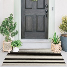 famibay Black and Beige Front Door Mat Outdoor Cotton Handwoven Farmhouse Layered Door Mat 2x4.2Ft Washable Striped Porch Rug Carpet Mat for Entrance Kitchen Laundry Bedroom
