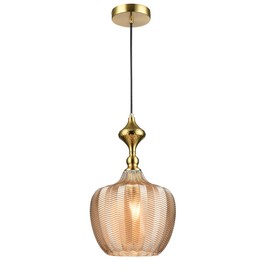 LUXWELL Modern Glass Pendant Light, 12.2"x11.8" Amber Sunset-Striped Light Fixture with Gold Cap, 15"-72" Adjustable Line, E26 Socket for Kitchen Island or Hallway – Sunset Gold Tulip