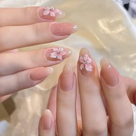 24Pcs Almond False Nails - Nude Press on Nails with Three-dimensional Flower - French Tip Natural Simple Style - Glossy Full Cover Glue on Nail for Women Girls Valentines Day Gift