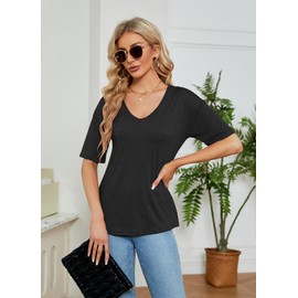 Sherosa Black Tops for Women V Neck Short Sleeve Summer Casual Layering Shirts L